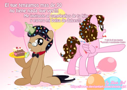 Size: 1280x907 | Tagged: safe, artist:shinta-girl, oc, oc:shinta pony, aaron pony, balloon, cake, couple, food, gradient background, magic, party, spanish, translated in the description