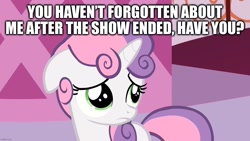 Size: 1280x720 | Tagged: safe, edit, edited screencap, screencap, sweetie belle, pony, unicorn, g4, sisterhooves social, breaking the fourth wall, bronybait, caption, carousel boutique, female, filly, foal, horn, image macro, sad, solo, talking to viewer, text