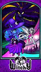 Size: 6973x12198 | Tagged: safe, artist:facadeart, oc, oc:facade the witch, oc:gear shift, alicorn, pegasus, pony, unicorn, fanfic:witchy, castle, cloak, clothes, colored, commission, fanfic, fanfic art, fanfic cover, forest, hat, horn, horn ring, moon, ring, witch, witch hat