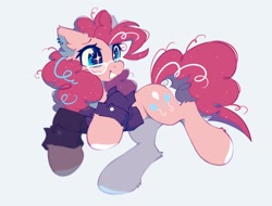 Size: 2048x1560 | Tagged: safe, artist:mirtash, pinkie pie, earth pony, pony, g4, clothes, female, glasses, grin, mare, shirt, simple background, smiling, solo, sparkly eyes, white background, wingding eyes