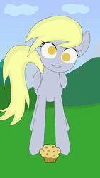 Size: 720x1280 | Tagged: safe, artist:vilord, derpy hooves, pegasus, pony, g4, animated, cute, dancing, female, food, grass, happy, looking at you, mare, muffin, no pupils, sky, solo, sound, webm