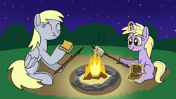 Size: 1920x1080 | Tagged: safe, artist:platinumdrop, derpy hooves, dinky hooves, g4, campfire, commission, equestria's best daughter, equestria's best mother, food, happy, marshmallow, night, s'mores