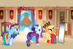 Size: 2048x1365 | Tagged: safe, artist:user15432, applejack, rainbow dash, rarity, earth pony, pegasus, pony, unicorn, g4, bed, bedroom, blanket, blue dress, clothes, crossover, crown, cupboard, curtains, diamond, dress, dresser, emperor, empress, fairy tale, feathered hat, gemstones, glowing, glowing horn, hat, horn, jewelry, magic, magic aura, mirror, open mouth, orange dress, pillow, princess applejack, regalia, scroll, shoes, smiling, telekinesis, the emperor's new clothes, window