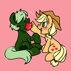 Size: 1300x1300 | Tagged: safe, artist:paperbagpony, applejack, oc, oc:darklight, g4, apple, blushing, canon x oc, cowboy hat, food, freckles, hair over eyes, hat, herbivore