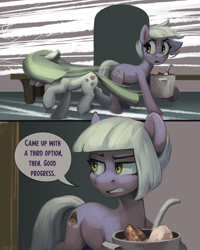 Size: 1200x1500 | Tagged: safe, artist:jewellier, part of a set, limestone pie, marble pie, earth pony, pony, series:ask the pie sisters, g4, ask, comic, female, food, granite, mare, mlp art ask (ru), pan, panic, panicking, part of a series, pie sisters, rock, rock soup, running, running away, siblings, sisters, soup, speech bubble, table, text, translation