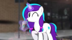 Size: 828x466 | Tagged: safe, artist:georgegarza01, oc, oc only, oc:ice gaze, pony, unicorn, female, horn, looking at you, magic, one eye closed, solo, starbucks, telekinesis, unicorn oc, wink, winking at you