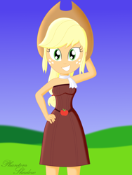 Size: 1500x2000 | Tagged: safe, artist:phantomshadow051, applejack, human, equestria girls, g4, arm behind head, armpits, bare shoulders, clothes, dress, female, freckles, humanized, legs, skirt, sleeveless, sleeveless dress, solo, strapless, strapless dress