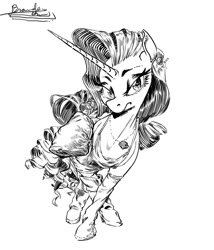 Size: 1072x1252 | Tagged: safe, artist:gordoleeno, rarity, pony, unicorn, g4, black and white, clothes, clothes swap, curly mane, diamond, dress, ear piercing, earring, fashion, fashion style, female, gem, grayscale, jewelry, looking at you, mare, monochrome, necklace, outfit, photoshop, piercing, pointing, quadrupedal, simple background, socks, solo, white background
