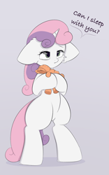 Size: 1280x2048 | Tagged: safe, artist:eventseem, sweetie belle, pony, unicorn, g4, bipedal, cute, diasweetes, female, mare, plushie, simple background, solo, standing on two hooves, text