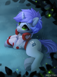 Size: 1920x2560 | Tagged: safe, artist:hentwi, oc, oc only, oc:melody charmi, pony, unicorn, forest, forest background, green eyes, headphones, high res, moonlight, night, purple mane, solo