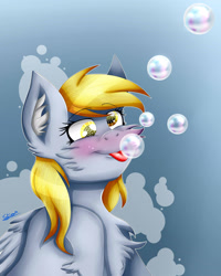 Size: 1280x1600 | Tagged: safe, artist:starblossom15, derpy hooves, pegasus, pony, g4, blue background, bubble, chest fluff, crepuscular rays, cute, digital art, ear fluff, female, folded wings, gradient background, mare, ocean, smiling, solo, sunlight, underwater, water, wings, yellow eyes, yellow mane