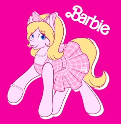 Size: 1990x2048 | Tagged: safe, artist:mscolorsplash, earth pony, pony, barbie, barbie (film), bracelet, clothes, cute, dress, eyebrows, eyebrows visible through hair, female, grin, jewelry, looking at you, magenta background, mare, necklace, pearl necklace, ponified, smiling, smiling at you, solo, summer dress, sundress