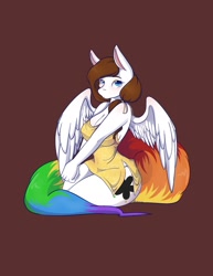 Size: 1583x2048 | Tagged: safe, artist:mscolorsplash, oc, oc only, oc:color splash, pegasus, anthro, big breasts, breasts, brown background, cleavage, clothes, dress, female, hands together, looking at you, mare, partially open wings, rainbow tail, simple background, sitting, solo, tail, thighs, thunder thighs, wide hips, wings