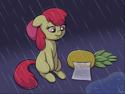 Size: 1942x1456 | Tagged: safe, artist:heretichesh, apple bloom, earth pony, pony, g4, disqualified, female, filly, foal, food, pineapple, rain, sad, sitting, solo, wet