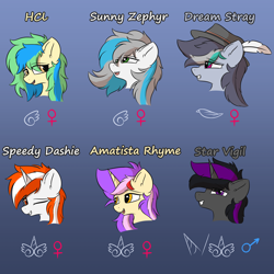 Size: 3200x3200 | Tagged: safe, artist:hcl, oc, oc only, oc:amatista rhyme, oc:dream stray, oc:hcl, oc:speedy dashie, oc:star vigil, oc:sunny zephyr, alicorn, bat pony, pegasus, pony, unicorn, ear fluff, feather, female, female symbol, gradient background, green eyes, group, hat, high res, looking at you, magenta eyes, male, male symbol, mare, one eye closed, purple eyes, red eyes, sextet, stallion, wink, yellow eyes