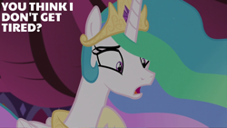 Size: 2000x1125 | Tagged: safe, edit, edited screencap, editor:quoterific, screencap, princess celestia, alicorn, pony, a royal problem, g4, season 7, crown, female, folded wings, frown, hoof on chest, hoof shoes, jewelry, mare, open mouth, peytral, regalia, solo, talking, text, wings