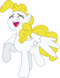 Size: 2380x3113 | Tagged: safe, artist:mlptmntfan2000, surprise, pegasus, pony, g1, g4, adoraprise, base used, cute, eyes closed, female, g1 to g4, generation leap, high res, laughing, mare, open mouth, open smile, partially open wings, raised hoof, raised leg, simple background, smiling, solo, surprise being surprise, transparent background, wings