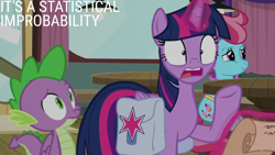 Size: 2000x1125 | Tagged: safe, edit, edited screencap, editor:quoterific, screencap, cup cake, spike, twilight sparkle, alicorn, dragon, earth pony, pony, a trivial pursuit, g4, bag, magic, saddle bag, scroll, telekinesis, twilight sparkle (alicorn), winged spike, wings