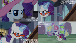 Size: 2000x1125 | Tagged: safe, edit, edited screencap, editor:quoterific, screencap, opalescence, rarity, pony, unicorn, g4, sweet and elite, bag, glasses, hat, magic, rarity's glasses, shopping bag, telekinesis