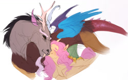 Size: 1280x809 | Tagged: safe, artist:leonerdman, discord, fluttershy, draconequus, pegasus, pony, g4, female, male, ship:discoshy, shipping, straight