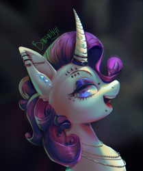 Size: 1757x2097 | Tagged: safe, artist:bananitryi, rarity, pony, unicorn, g4, blue eyes, bust, curved horn, diamond, ear piercing, ears, eyebrow piercing, eyebrows, eyelashes, eyeshadow, facial piercing, horn, horn ring, jewelry, lidded eyes, looking at you, makeup, necklace, nose piercing, nostrils, open mouth, piercing, portrait, ring, septum piercing, snout, solo, unicorn horn, wavy hair