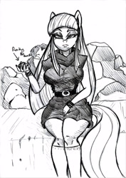 Size: 1615x2282 | Tagged: safe, artist:ghostinhood, boulder (g4), maud pie, earth pony, anthro, g4, bare arms, belt, black and white, bracelet, breasts, busty maud pie, clothes, dress, eyebrows, eyelashes, eyeshadow, female, grayscale, jewelry, kneesocks, legs together, looking at you, makeup, monochrome, mouth, nostrils, rock, sitting, socks, solo, tail