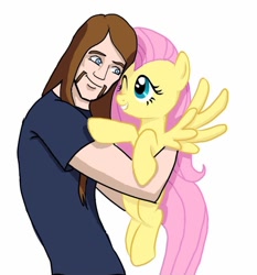 Size: 1016x1091 | Tagged: safe, artist:unknown, fluttershy, human, pegasus, pony, g4, clothes, crossover, cute, grin, holding a pony, hug, human male, male, metalocalypse, one eye closed, shirt, shyabetes, simple background, smiling, toki wartooth, white background