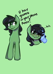 Size: 2000x2800 | Tagged: safe, artist:marubup, oc, oc only, oc:anon, oc:filly anon, earth pony, pony, female, filly, green background, high res, implied anon, mare, photo, simple background, solo, you got games on your phone