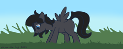 Size: 1850x740 | Tagged: safe, artist:eklipsethepony, oc, oc only, oc:eklipse, pegasus, pony, colt, eating, foal, grass, grass field, grazing, herbivore, horses doing horse things, male, pegasus oc, solo, younger