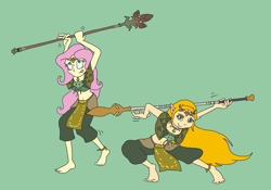Size: 4380x3074 | Tagged: safe, artist:bugssonicx, fluttershy, human, hylian, equestria girls, g4, barefoot, charged armor, dancing, feet, forest dweller's spear, green background, jewelry, long hair, midriff, necklace, pointed ears, polearm, princess zelda, simple background, spear, spear dance, the legend of zelda, the legend of zelda: tears of the kingdom, tube top, weapon, zonai