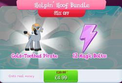 Size: 1264x862 | Tagged: safe, gameloft, earth pony, pony, g4, my little pony: magic princess, official, bundle, costs real money, ear piercing, earring, english, gold tooth, hat, helpin' hoof bundle, jewelry, magic bolt, male, mobile game, numbers, piercing, sale, solo, stallion, text, unnamed character, unnamed pony, unshorn fetlocks