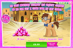 Size: 1956x1298 | Tagged: safe, gameloft, tadwell, earth pony, pony, g4, my little pony: magic princess, official, advertisement, bowtie, costs real money, english, gem, glasses, introduction card, male, mobile game, numbers, sale, solo, spiral glasses, stallion, text