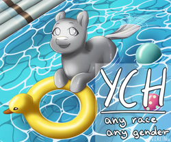 Size: 1685x1403 | Tagged: safe, artist:erein, pony, advertisement, any gender, any race, auction, auction open, commission, ears up, floating, floaty, happy, inflatable bird, inflatable duck, inner tube, legs in the water, looking at you, opaque inflatable, open mouth, open smile, partially submerged, pool toy, smiling, solo, swimming, swimming pool, tail, water, wet, ych sketch, your character here