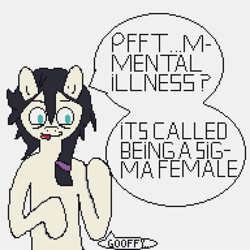 Size: 3072x3072 | Tagged: safe, artist:hexals, oc, oc:floor bored, earth pony, pony, bags under eyes, black mane, high res, meme, messy mane, pixel art, sigma male, simple background, solo, speech bubble, white background