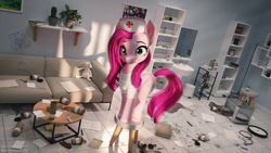 Size: 4800x2700 | Tagged: safe, artist:chyvak, pinkie pie, earth pony, pony, g4, 3d, chaos, coffee cup, cup, eyebrows, female, high res, looking at you, mare, nurse outfit, pinkamena diane pie, plushie, run, signature, solo, teddy bear