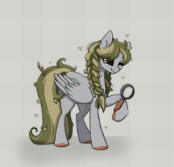 Size: 1950x1870 | Tagged: safe, artist:_alixxie_, oc, oc only, pegasus, pony, braid, fangs, female, leaf, leaves, magnifying glass, mare, messy hair, messy tail, simple background, solo, tail