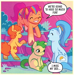 Size: 738x750 | Tagged: safe, artist:kate sherron, idw, official comic, sunny starscout, earth pony, pegasus, pony, unicorn, camp bighoof #1, g5, my little pony: camp bighoof, spoiler:comic, spoiler:g5comic, colt, dialogue, female, filly, foal, group, male, mane stripe sunny, mare, quartet, relatable, speech bubble, unnamed character, unnamed pony, unshorn fetlocks