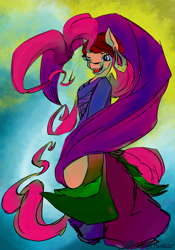 Size: 1514x2160 | Tagged: safe, artist:destiny_manticor, pinkie pie, earth pony, semi-anthro, g4, arm hooves, clothes, digital art, ear piercing, earring, female, gypsy pie, headscarf, jewelry, open mouth, piercing, romani, scarf, simple background, solo