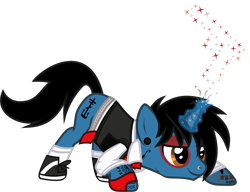 Size: 1556x1192 | Tagged: safe, artist:lightningbolt, derpibooru exclusive, pony, unicorn, g4, .svg available, belt, clothes, crouching, ear piercing, eyeshadow, fingerless gloves, fireworks, frank iero, gauges, gloves, glowing, glowing horn, gun, hair over one eye, horn, horn piercing, lip piercing, long sleeves, makeup, male, my chemical romance, necktie, nose piercing, piercing, ponified, shirt, shoes, show accurate, simple background, smiling, smirk, socks, solo, sparks, stallion, svg, t-shirt, tattoo, transparent background, undershirt, vector, vest, weapon