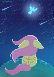 Size: 2928x4158 | Tagged: safe, artist:monstrum, fluttershy, bird, pegasus, pony, g4, floppy ears, folded wings, high res, looking at something, looking up, meta, night, outdoors, rear view, shooting star, sitting, solo, stars, twitter, windswept mane, wings, x