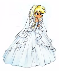 Size: 2137x2591 | Tagged: safe, artist:liaaqila, applejack, human, equestria girls, g4, alternate hairstyle, applejack also dresses in style, clothes, commission, cute, dress, evening gloves, female, gloves, gown, high res, jackabetes, long gloves, missing freckles, ruffles, simple background, smiling, solo, traditional art, wedding dress, wedding veil, white background