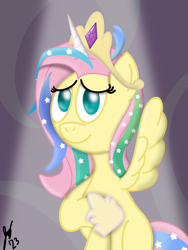 Size: 1620x2160 | Tagged: safe, artist:jesslmc16, fluttershy, alicorn, pegasus, pony, g4, horse play, celestia costume, clothes, cosplay, costume, crown, cute, dark background, digital art, dressup, female, gem, grin, horn, jewelry, looking at you, mare, procreate app, raised leg, regalia, shading, shyabetes, shylestia, sitting, smiling, solo, spotlight, spread wings, wings