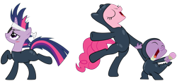 Size: 6857x3157 | Tagged: safe, artist:ambits, pinkie pie, spike, twilight sparkle, dragon, earth pony, pony, unicorn, g4, it's about time, absurd resolution, bipedal, catsuit, eyepatch, eyes closed, food, future twilight, headband, ice cream, open mouth, open smile, pose, raised hoof, scar, simple background, smiling, standing, standing on one leg, standing on two hooves, transparent background, unicorn twilight, vector