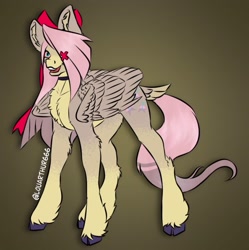 Size: 1249x1252 | Tagged: safe, artist:louarthur8, fluttershy, oc, oc only, angel, angel pony, hybrid, insect, moth, mothpony, original species, pegasus, pony, bow, choker, cloven hooves, concave belly, crossover, crossover fusion, disguise, disguised angel, exorcist angel, fallen angel, female, fusion, fusion:fluttershy, fusion:vaggie, fusion:vaggishy, gradient background, hair bow, hair over one eye, hazbin hotel, heavenborn, hellaverse, hybrid fusion, mare, missing eye, moth angel, mothpony angel, signature, smiling, solo, unshorn fetlocks, vaggie, wings