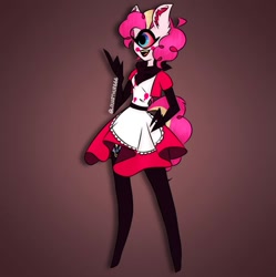 Size: 1249x1252 | Tagged: safe, artist:louarthur8, pinkie pie, oc, oc only, cyclops, cyclops pony, demon, demon pony, earth pony, hybrid, undead, anthro, unguligrade anthro, g4, clothes, crossover, crossover fusion, cyclops demon, fusion, fusion:niffty, fusion:nifftypie, fusion:pinkie pie, gradient background, hazbin hotel, hellaverse, hybrid fusion, niffty, signature, sinner demon, skirt, solo