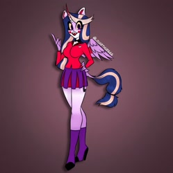 Size: 1249x1252 | Tagged: safe, artist:louarthur8, twilight sparkle, oc, oc only, alicorn, demon, demon pony, hybrid, anthro, unguligrade anthro, charlie morningstar, clothes, crossover, crossover fusion, female, fusion, fusion:charlie morningstar, fusion:twilight sparkle, fusion:twirlie, gradient background, hand on hip, hazbin hotel, hellaverse, hellborn, hybrid fusion, princess, princess of hell, signature, skirt, smiling, socks, solo, twilight sparkle (alicorn)