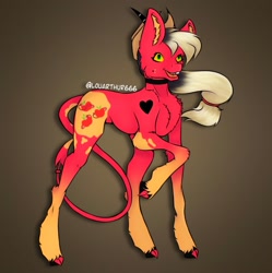 Size: 1249x1252 | Tagged: safe, artist:louarthur8, applejack, oc, oc only, demon, demon pony, earth pony, hybrid, imp, pony, choker, cloven hooves, crossover, crossover fusion, ear fluff, female, fusion, fusion:applejack, fusion:millie knolastname, fusion:milliejack, gradient background, hat, hellaverse, hellborn, helluva boss, mare, millie knolastname, raised hoof, signature, solo