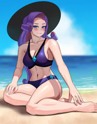 Size: 800x1028 | Tagged: safe, artist:tzc, rarity, human, equestria girls, g4, ankles, barefoot, beach, bedroom eyes, belly button, bikini, blushing, breasts, cleavage, clothes, cloud, cute, diamond, feet, female, hat, human coloration, humanized, legs, looking at you, midriff, ocean, outdoors, raribetes, sand, solo, stupid sexy rarity, sun hat, swimsuit, toes, water