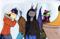 Size: 1280x843 | Tagged: safe, artist:darkhestur, bon bon, lyra heartstrings, sweetie drops, oc, oc:dark, bat pony, earth pony, unicorn, anthro, g4, bat pony oc, beanie, clothes, cold, eyes closed, gloves, hat, ink, jacket, leather, leather jacket, marker drawing, multiple ponies, scarf, simple background, smiling, traditional art, white background, winter