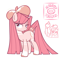 Size: 1637x1609 | Tagged: safe, artist:steamydonutz, derpibooru exclusive, oc, oc only, oc:steamy donuts, pony, unicorn, artist, base used, beret, cute, donut, doodle, female, food, hat, horn, lidded eyes, mare, markings, ponysona, simple background, solo, white background